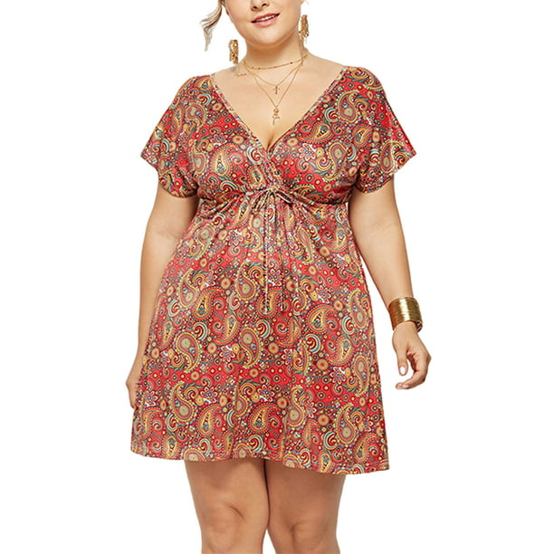 Plus Size Women Boho Floral Print V Neck Mini Dress Ladies Summer Beach Sundress